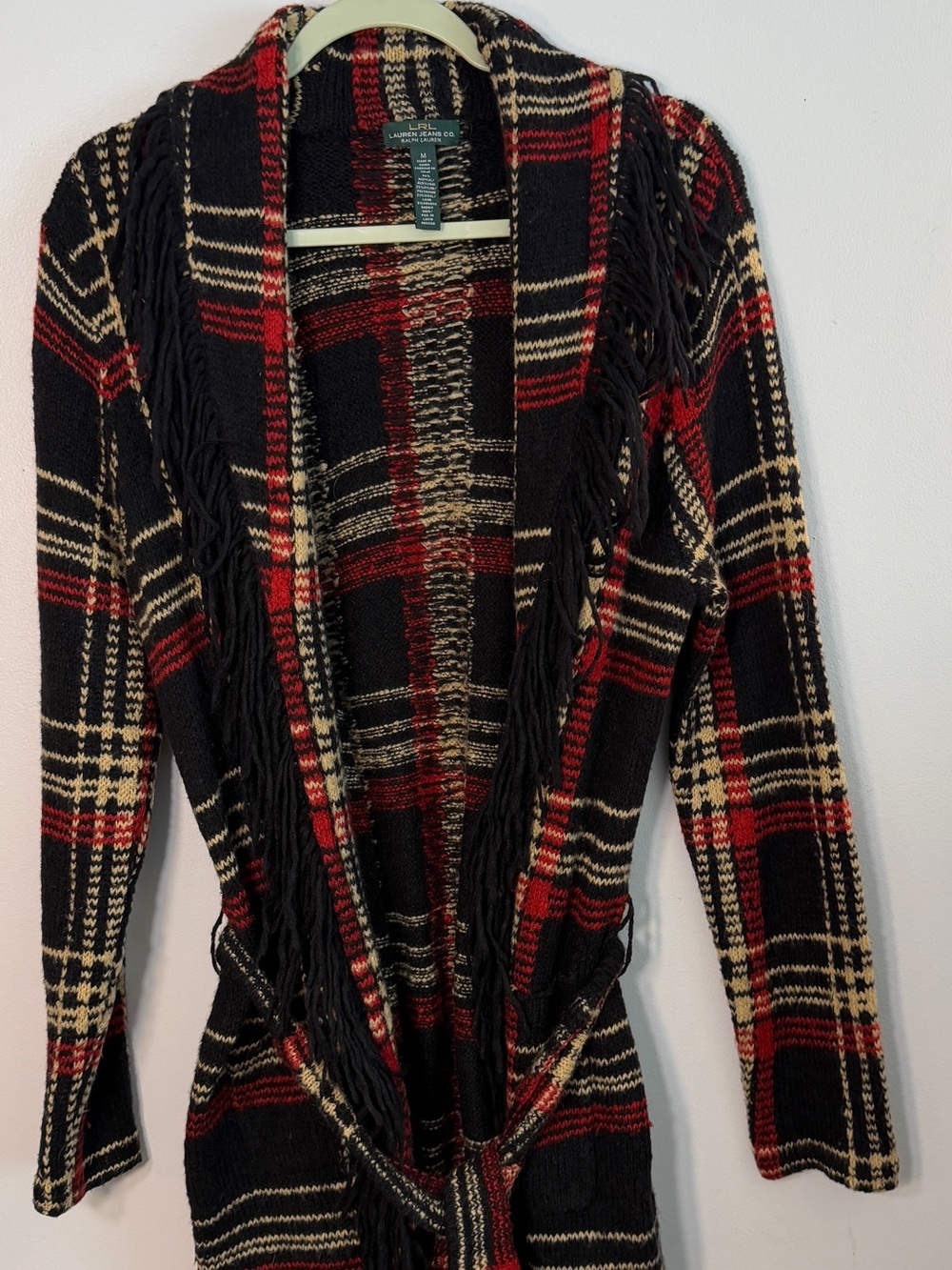 Lauren Ralph Lauren plaid fringe cardigan sweater small belted wrap black red S
